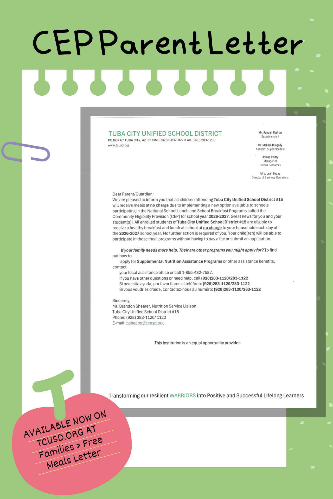 TCUSD CEP Parent Letter